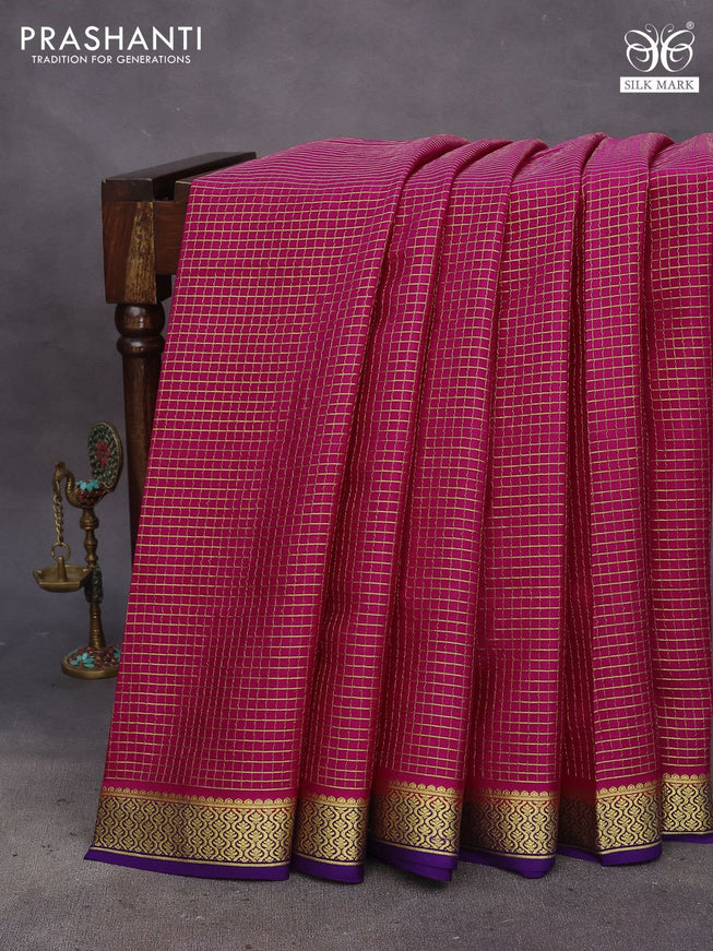 Pure mysore silk saree pink and violet with allover zari woven checked pattern and zari woven border