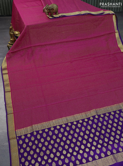 Pure mysore silk saree pink and violet with allover zari woven checked pattern and zari woven border