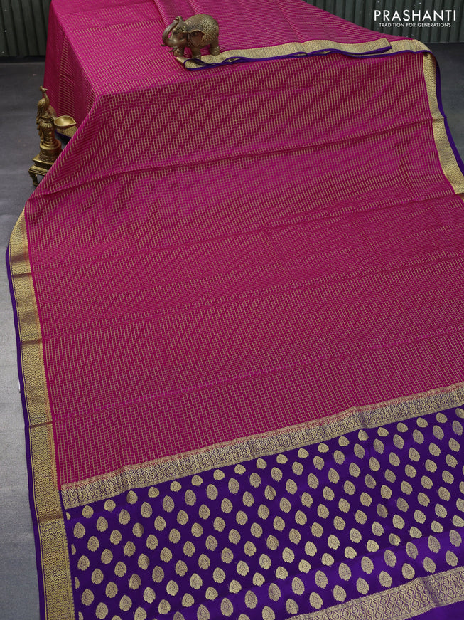 Pure mysore silk saree pink and violet with allover zari woven checked pattern and zari woven border