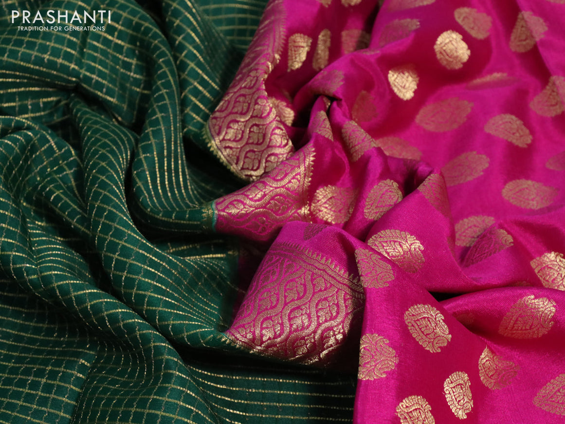 Pure mysore silk saree green and pink with allover zari woven checked pattern and zari woven border