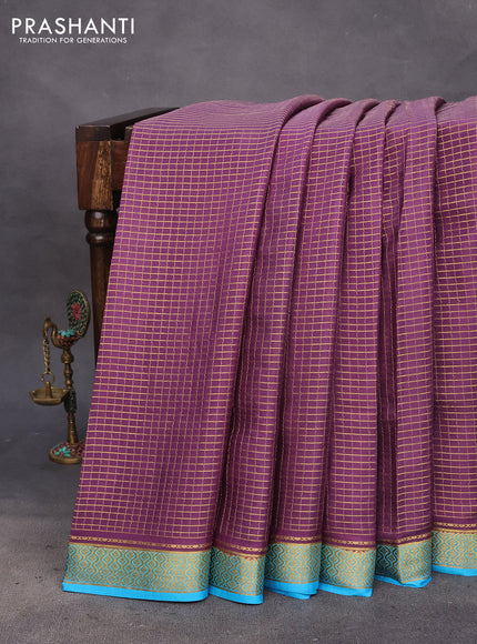 Pure mysore silk saree purple shade and cs blue with allover zari woven checked pattern and zari woven border