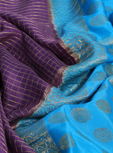 Pure mysore silk saree purple shade and cs blue with allover zari woven checked pattern and zari woven border