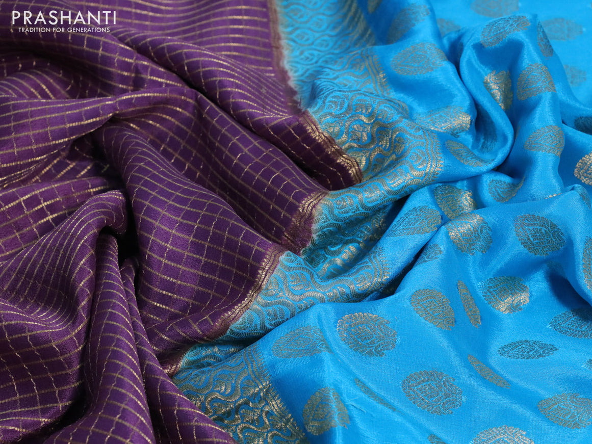 Pure mysore silk saree purple shade and cs blue with allover zari woven checked pattern and zari woven border