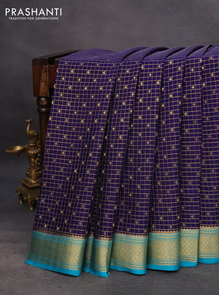 Pure mysore silk saree blue and teal blue with allover zari checks & buttas and zari woven border