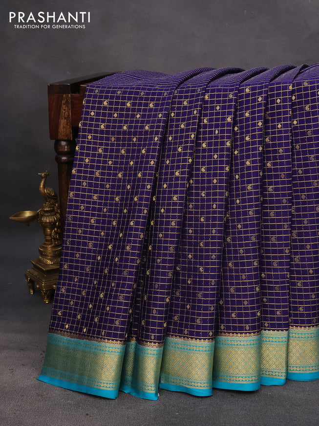 Pure mysore silk saree blue and teal blue with allover zari checks & buttas and zari woven border