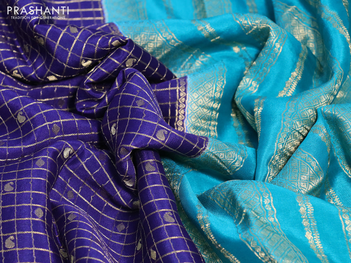 Pure mysore silk saree blue and teal blue with allover zari checks & buttas and zari woven border