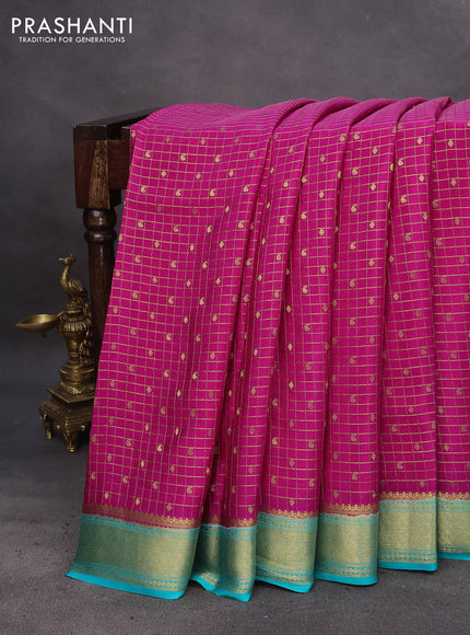 Pure mysore silk saree pink and teal blue with allover zari checks & buttas and zari woven border