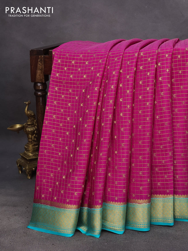 Pure mysore silk saree pink and teal blue with allover zari checks & buttas and zari woven border