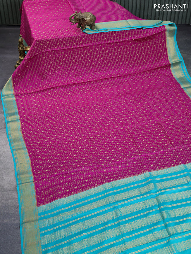 Pure mysore silk saree pink and teal blue with allover zari checks & buttas and zari woven border