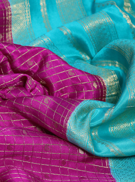 Pure mysore silk saree pink and teal blue with allover zari checks & buttas and zari woven border