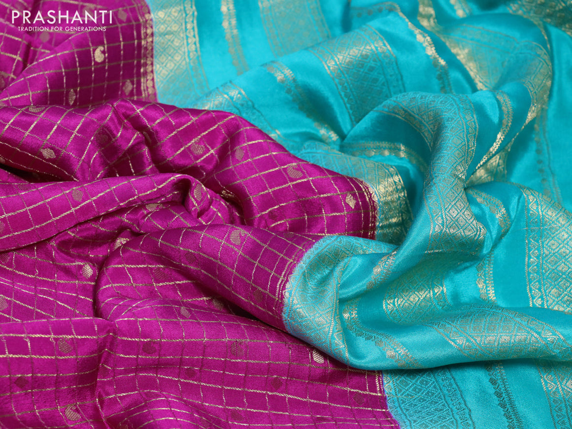 Pure mysore silk saree pink and teal blue with allover zari checks & buttas and zari woven border