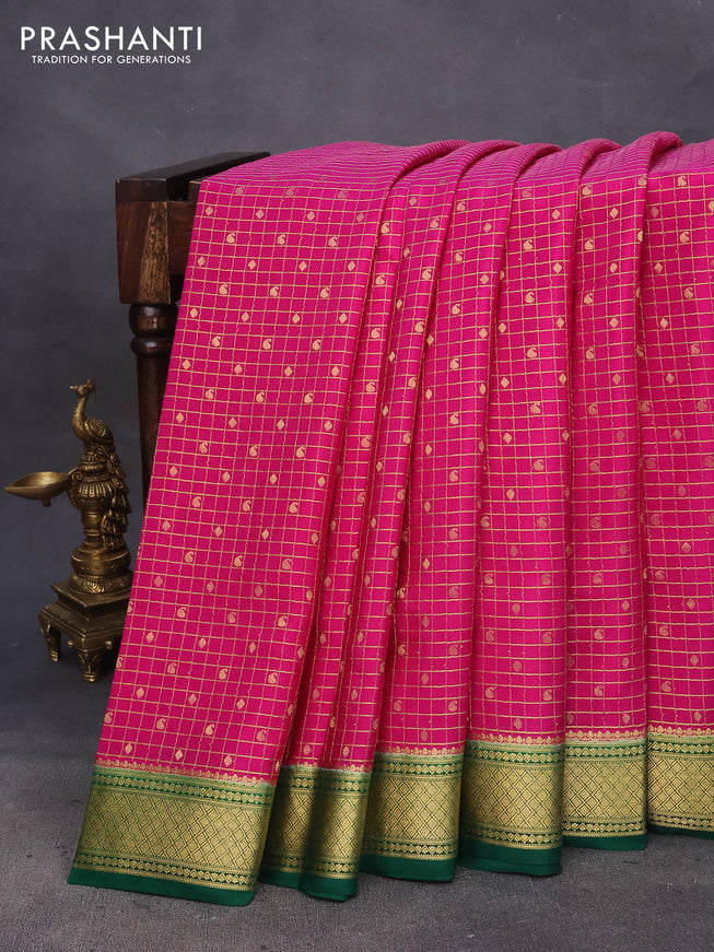 Pure mysore silk saree magenta pink and dark green with allover zari checks & buttas and zari woven border