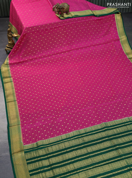 Pure mysore silk saree magenta pink and dark green with allover zari checks & buttas and zari woven border