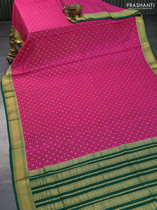 Pure mysore silk saree magenta pink and dark green with allover zari checks & buttas and zari woven border