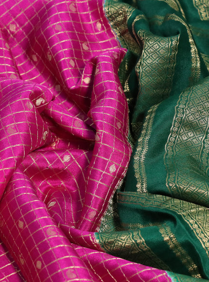 Pure mysore silk saree magenta pink and dark green with allover zari checks & buttas and zari woven border