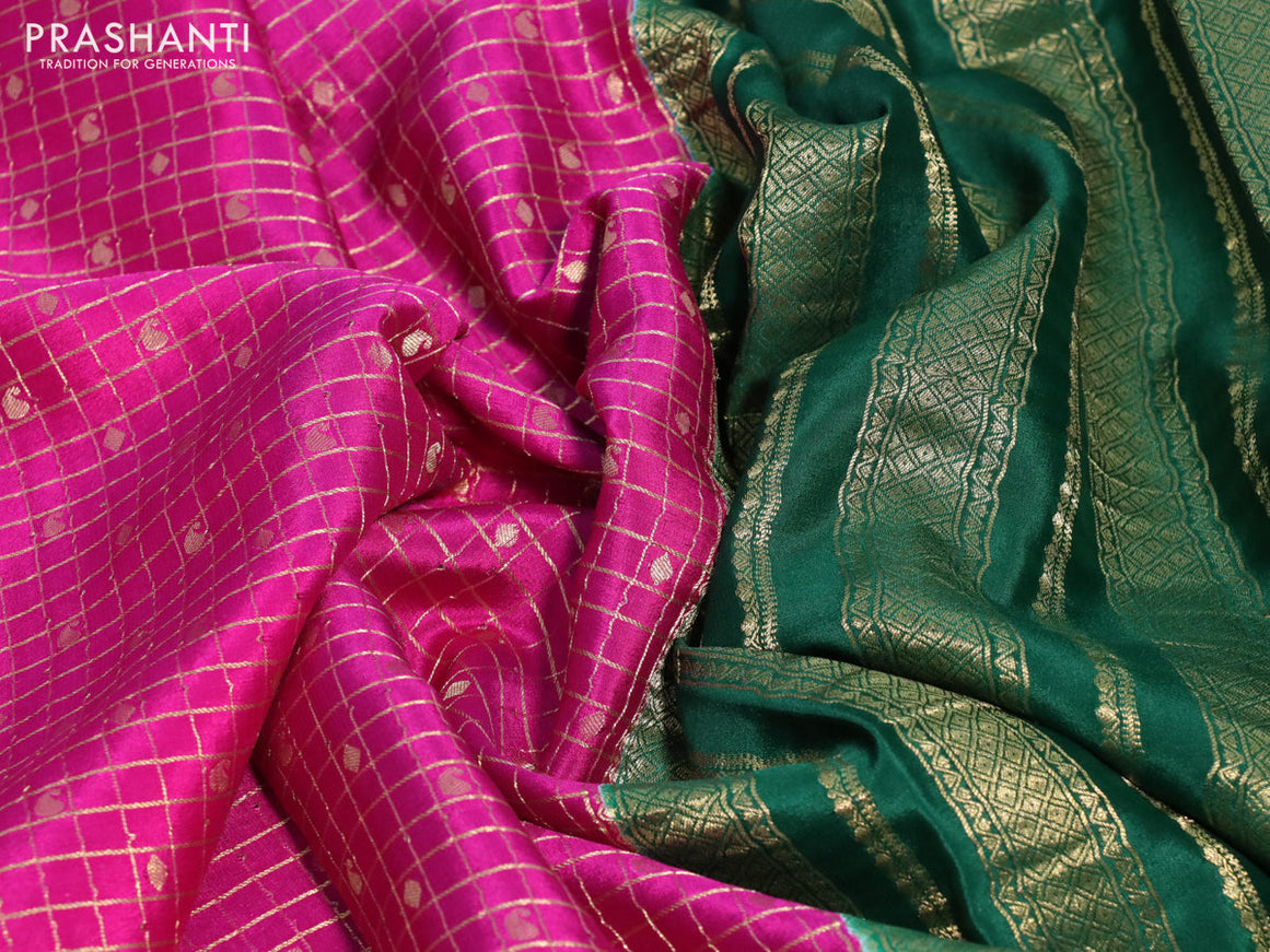 Pure mysore silk saree magenta pink and dark green with allover zari checks & buttas and zari woven border