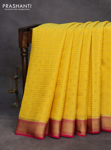 Pure mysore silk saree yellow and pink with allover zari checks & buttas and zari woven border