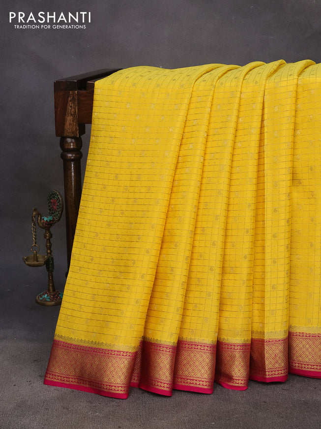 Pure mysore silk saree yellow and pink with allover zari checks & buttas and zari woven border