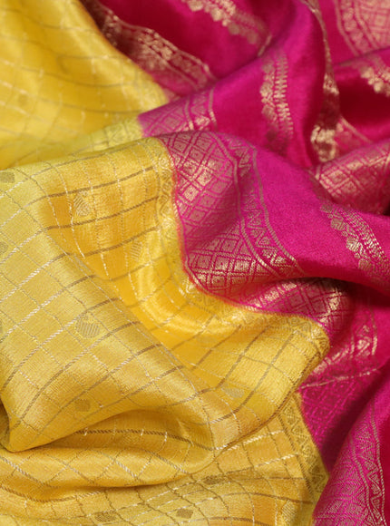 Pure mysore silk saree yellow and pink with allover zari checks & buttas and zari woven border