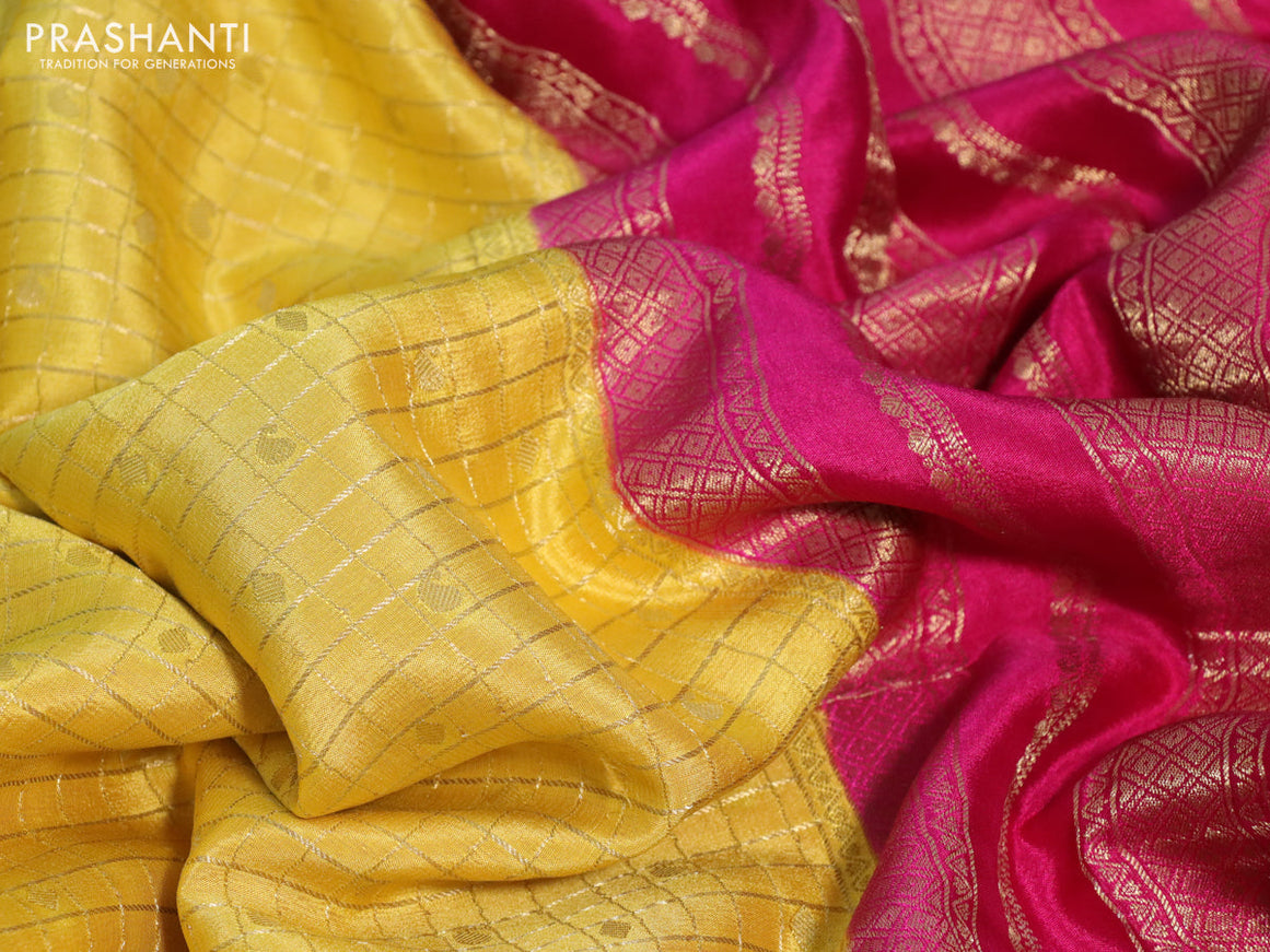 Pure mysore silk saree yellow and pink with allover zari checks & buttas and zari woven border