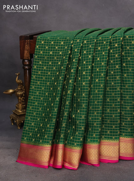 Pure mysore silk saree dark green and pink with allover zari checks & buttas and zari woven border