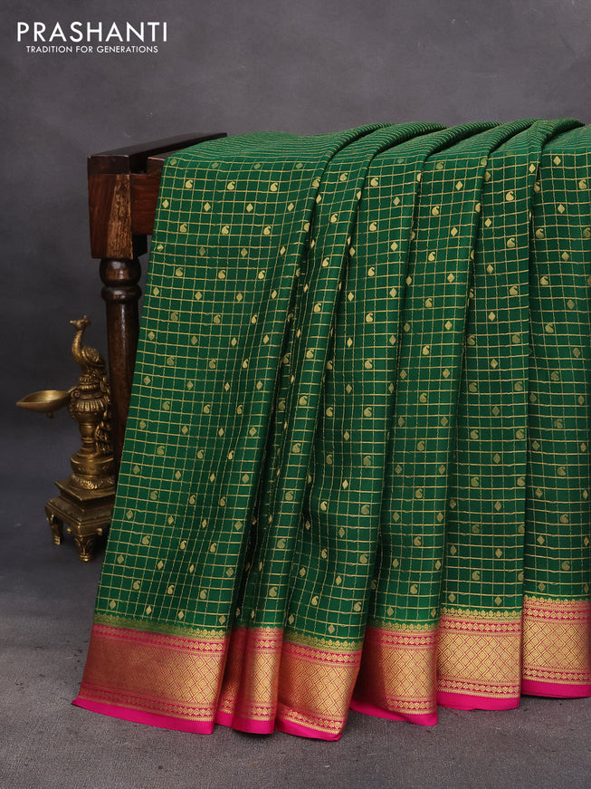 Pure mysore silk saree dark green and pink with allover zari checks & buttas and zari woven border