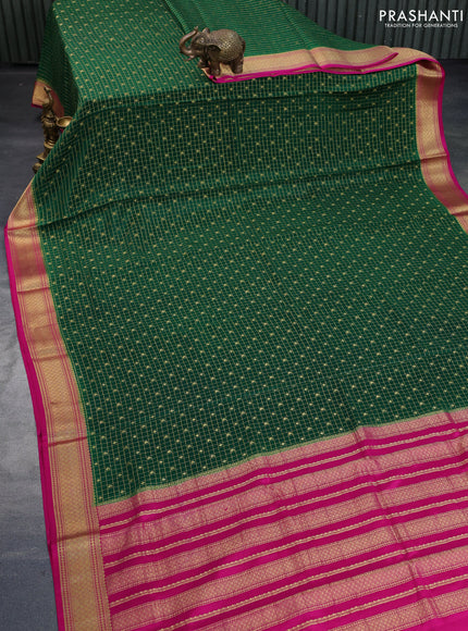 Pure mysore silk saree dark green and pink with allover zari checks & buttas and zari woven border