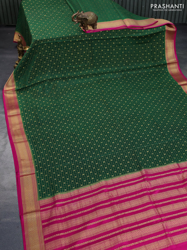 Pure mysore silk saree dark green and pink with allover zari checks & buttas and zari woven border