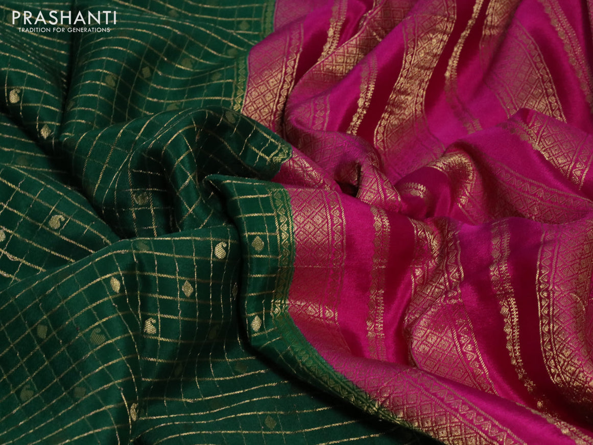 Pure mysore silk saree dark green and pink with allover zari checks & buttas and zari woven border