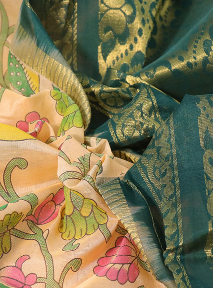 Silk cotton saree sandal and green with allover kalamkari prints and temple deisgn zari woven border