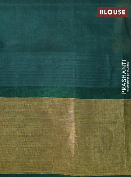 Silk cotton saree sandal and green with allover kalamkari prints and temple deisgn zari woven border