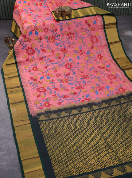 Silk cotton saree peach pink and dark green with allover kalamkari prints and temple deisgn zari woven border