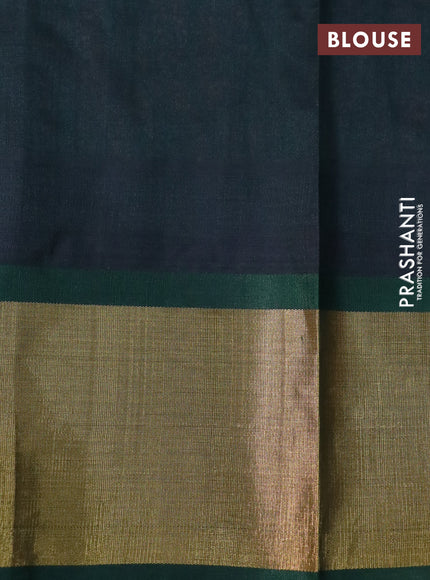 Silk cotton saree peach pink and dark green with allover kalamkari prints and temple deisgn zari woven border