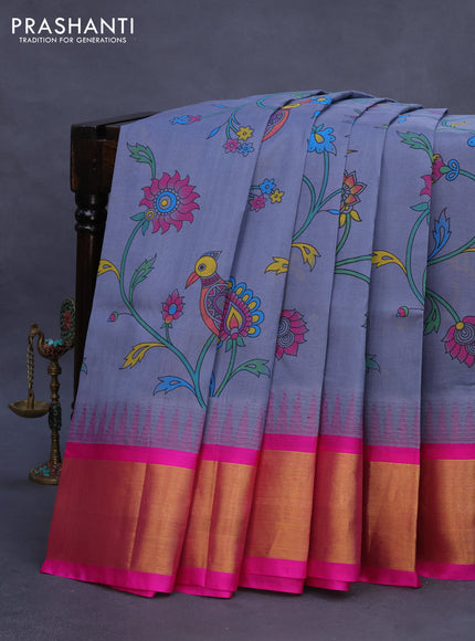 Silk cotton saree grey and pink with allover kalamkari prints and temple deisgn zari woven border