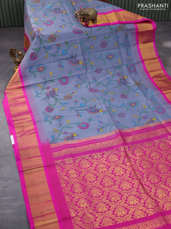 Silk cotton saree grey and pink with allover kalamkari prints and temple deisgn zari woven border