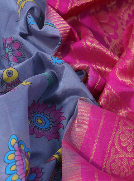 Silk cotton saree grey and pink with allover kalamkari prints and temple deisgn zari woven border