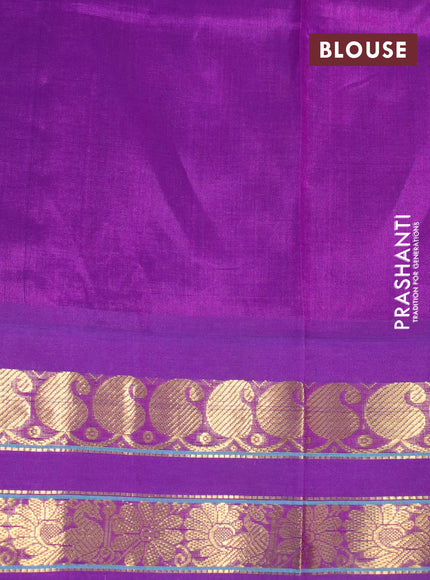 Silk cotton saree pastel green and purple with allover kalamkari prints and rettapet zari woven border