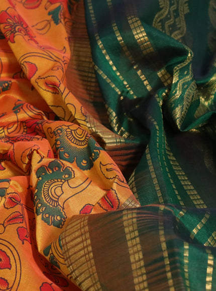 Silk cotton saree mango yellow and green with allover kalamkari prints and rettapet zari woven border