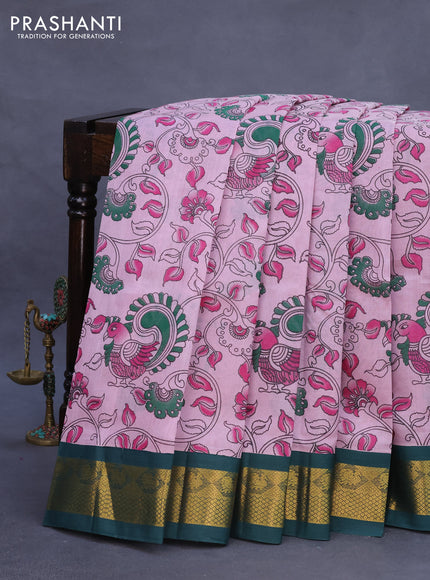 Silk cotton saree pastel pink and green with allover kalamkari prints and zari woven korvai border