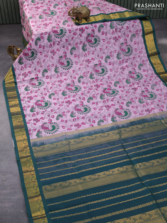 Silk cotton saree pastel pink and green with allover kalamkari prints and zari woven korvai border