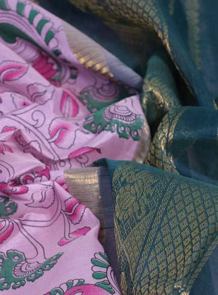 Silk cotton saree pastel pink and green with allover kalamkari prints and zari woven korvai border