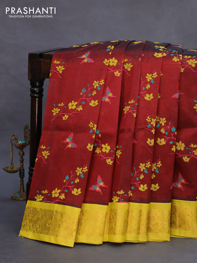 Silk cotton saree maroon and lime yellow with allover kalamkari prints and zari woven korvai border