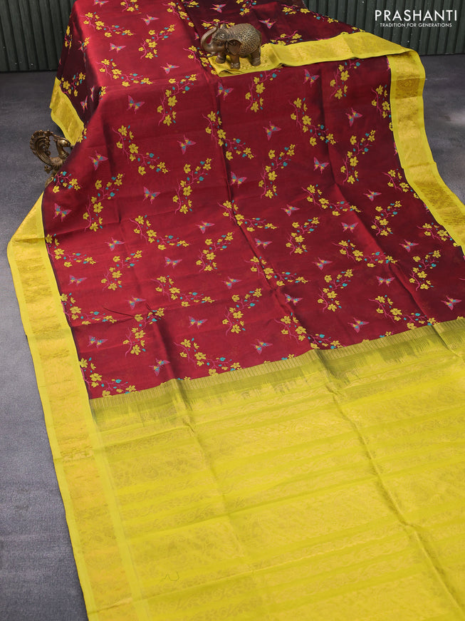 Silk cotton saree maroon and lime yellow with allover kalamkari prints and zari woven korvai border