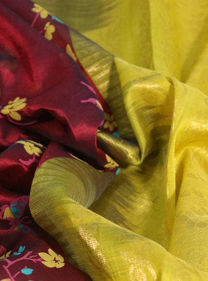 Silk cotton saree maroon and lime yellow with allover kalamkari prints and zari woven korvai border