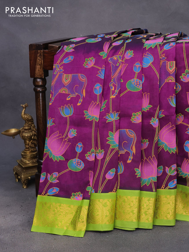 Silk cotton saree purple and light green with allover kalamkari prints and zari woven korvai border