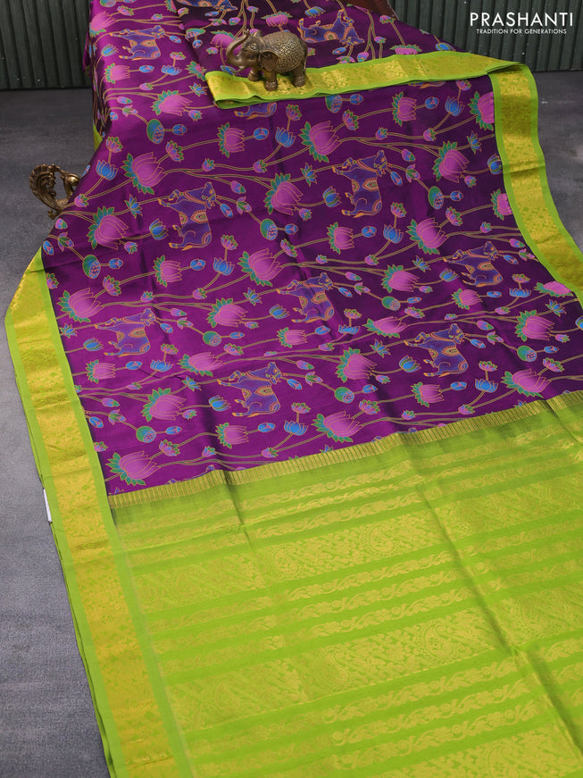 Silk cotton saree purple and light green with allover kalamkari prints and zari woven korvai border