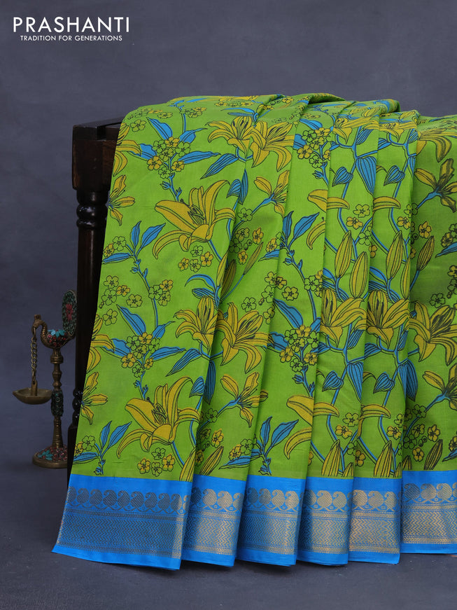 Silk cotton saree light green and cs blue with allover kalamkari prints and zari woven korvai border