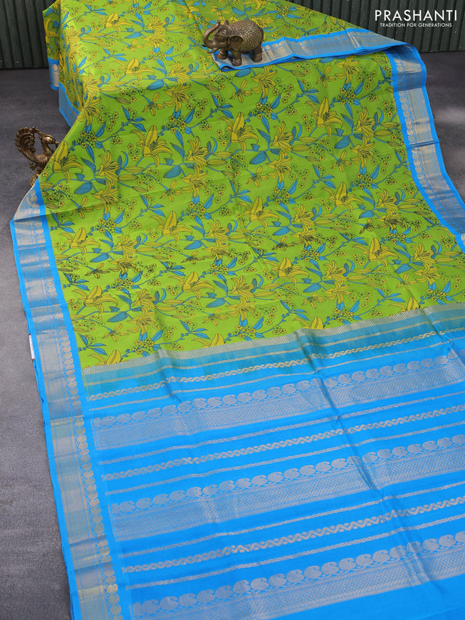 Silk cotton saree light green and cs blue with allover kalamkari prints and zari woven korvai border