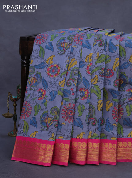 Silk cotton saree grey and pink with allover kalamkari prints and zari woven korvai border