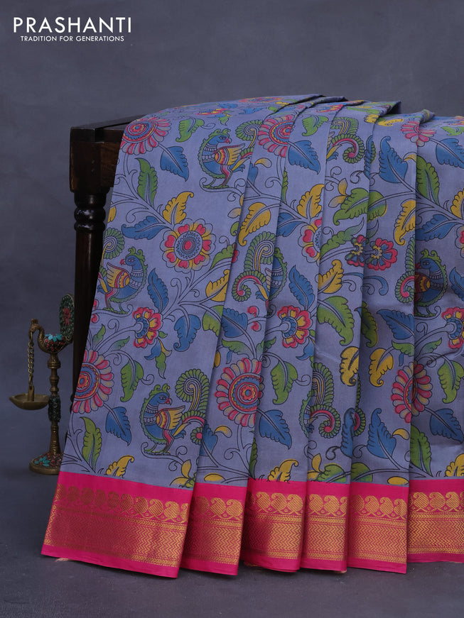 Silk cotton saree grey and pink with allover kalamkari prints and zari woven korvai border